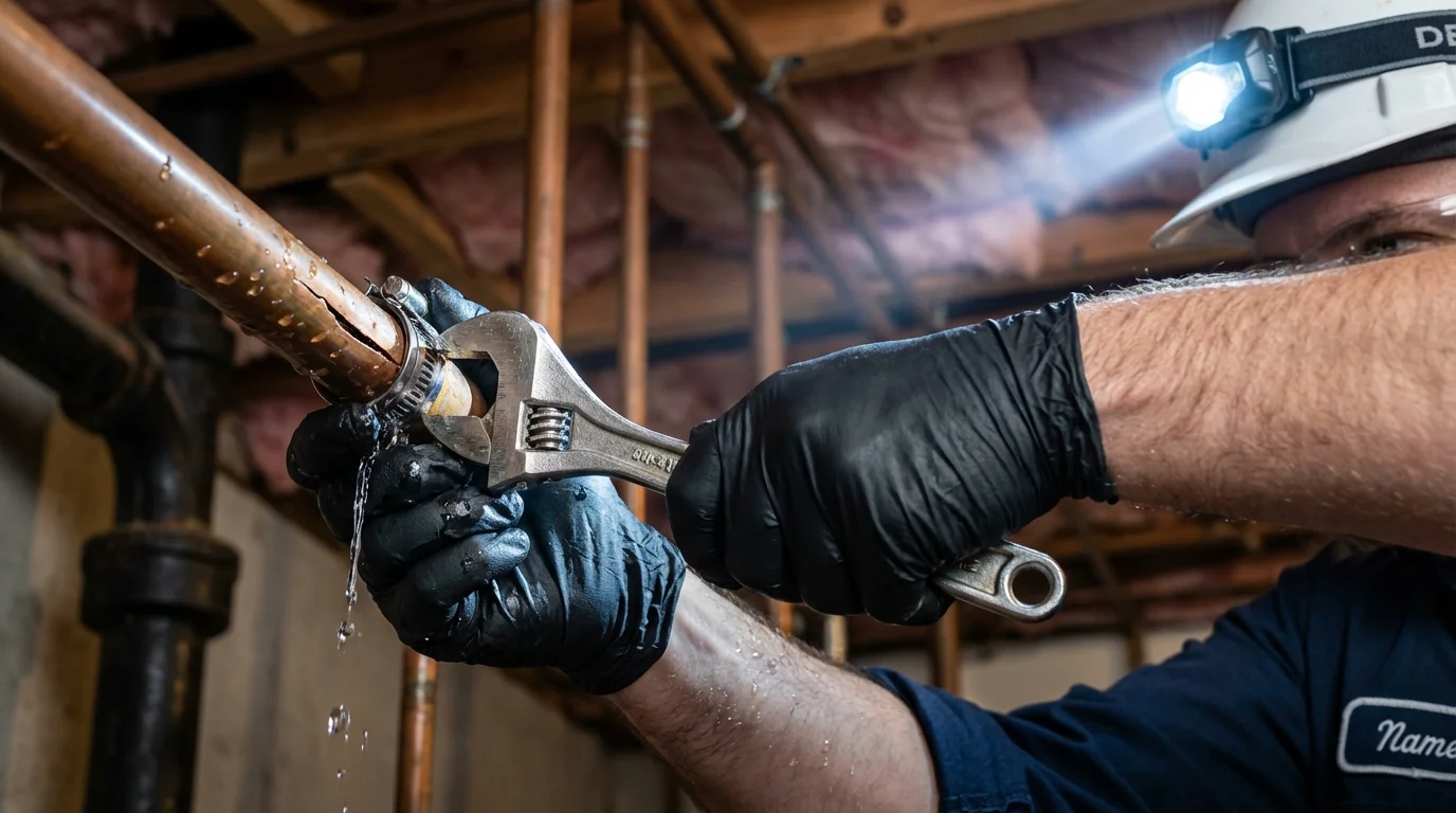 Emergency pipe clamp repair being performed by a Johns Plumbing LLC plumber in Boise City