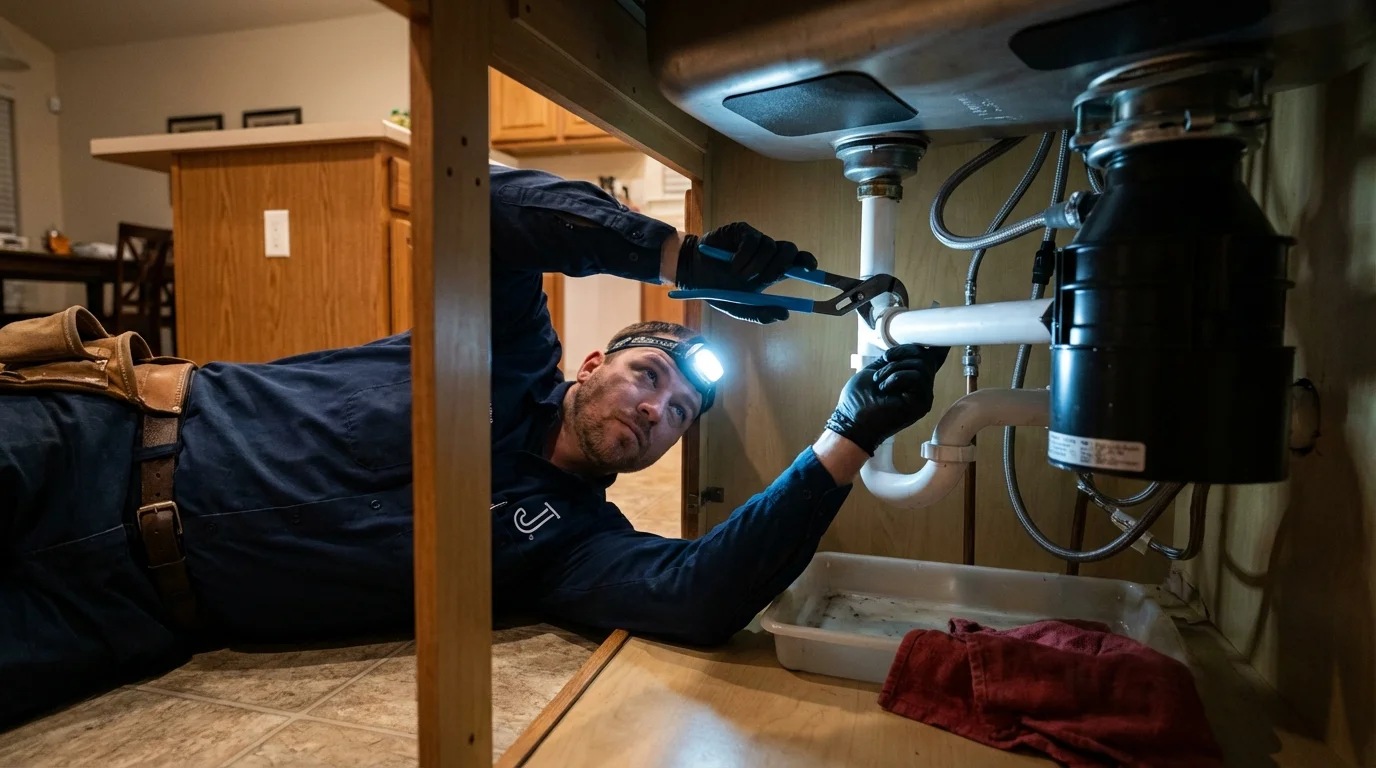 P-trap and supply line connections under a kitchen sink showing a common leak point in Boise City, OK
